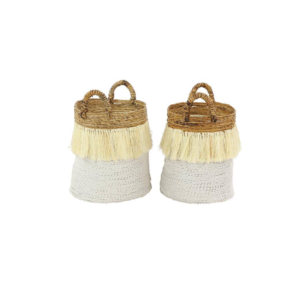 White and Natural Seagrass Round Storage Basket Set