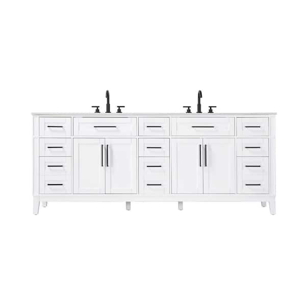 84 in. Double Sink Freestanding White Bath Vanity with Marble White Engineered Marble Top