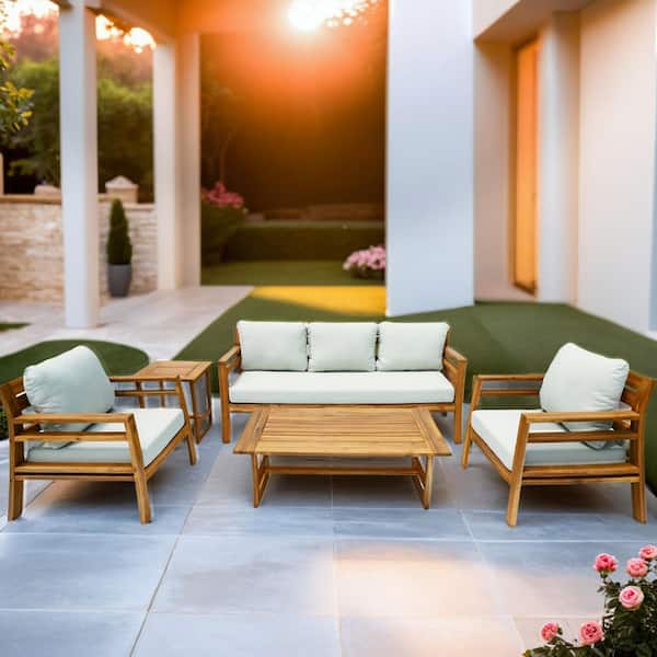 Dayo 5-Piece Acacia Wood Patio Conversation Set With Gray Cushions