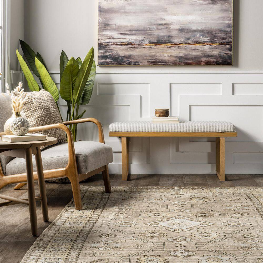 Easycare 5' x 8' Beige Cotton Blend Washable Area Rug