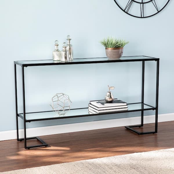 Southern Enterprises Ochila 52 in. Black Rectangle Glass Console Table with Shelves