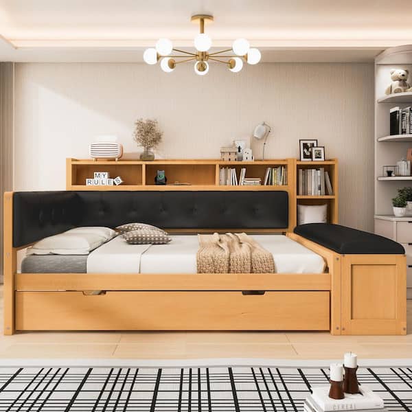 Black/Natural Full Daybed with Trundle, Storage Shelves, Bench, Charging Station and Upholstered Headboard