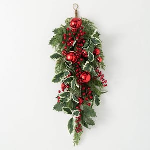 30" Jingle Bell Holly Pine Artificial Christmas Swag, Green-Red