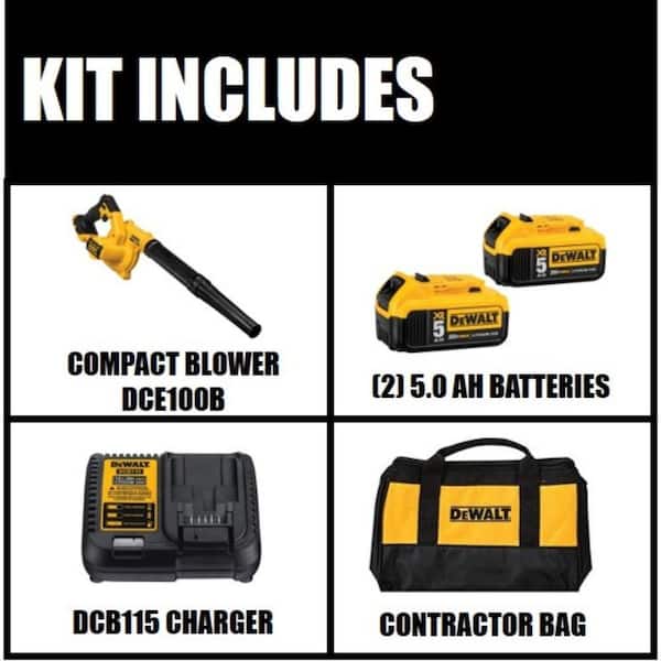 20V MAX Cordless Compact 135 MPH 100 CFM Jobsite Blower, (2) 20V MAX XR Premium Lithium-Ion 5.0Ah Batteries, and Charger