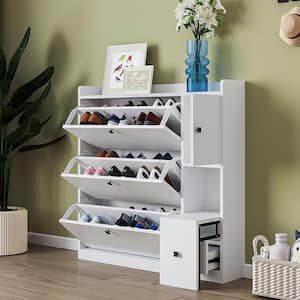 47.2 in. H x 47 in. W White Wood Shoe Storage Cabinet with 3-Flip Drawers, Adjustable Shelf and Pull-Down Seat