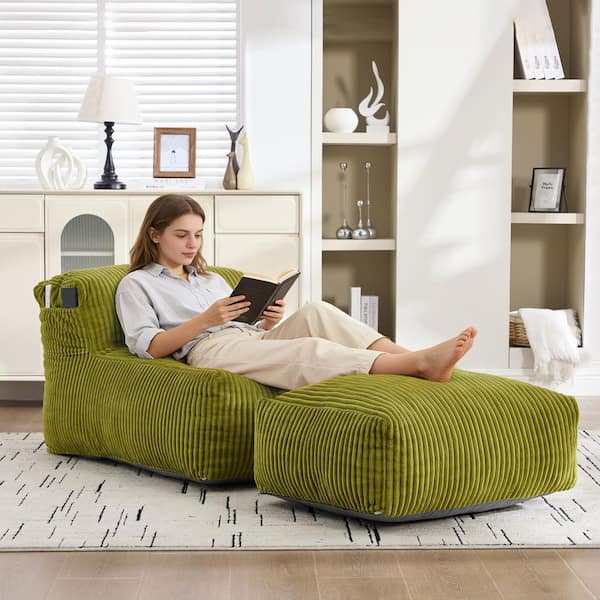 Olive Big Lounger Bean Bag Chair for Adults, Memory Foam Filled Corduroy Sofa with Ottoman Lazy Couch for Living Room