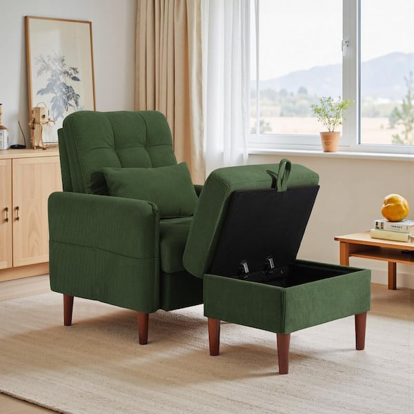 Green Corduroy Fabric Upholstered Accent Arm Chair with Storage Ottoman and Adjustable Backrest (Set-1)