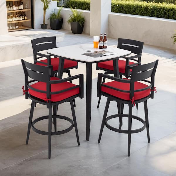 Black 5-Piece Aluminum Outdoor Dining Set with Red Cushion, Rounded Square Sintered Stone Table and 4-Swivel Bar Chairs
