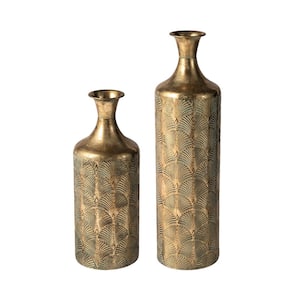 Metal Antique Gold Gingko Floor Vases Set of 2）