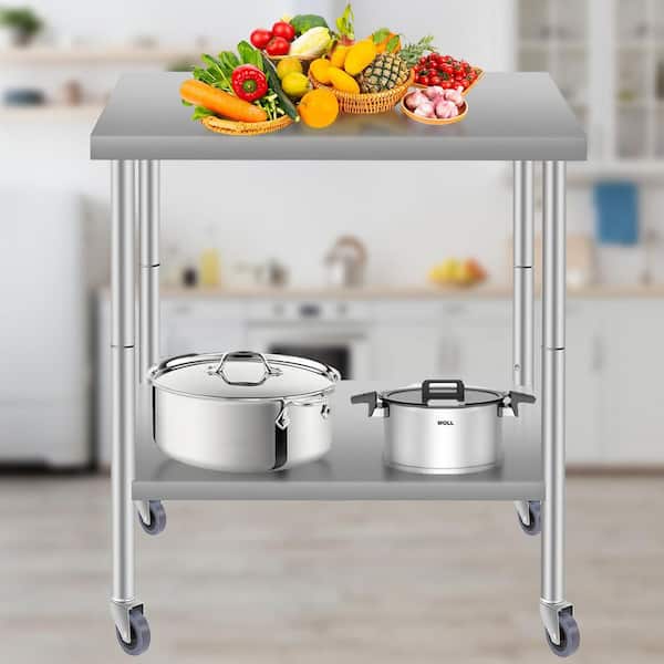 30''x24'' Commercial Work Table, Stainless Steel Kitchen Prep Table with Under Shelf & Wheels for Restaurant in Silver