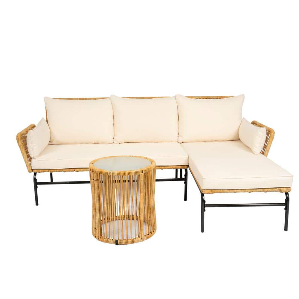 3-Pieces Natural Yellow Wicker Rattan Metal Patio Outdoor Chaise Lounge, So