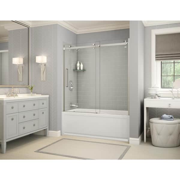 MAAX Utile Metro Soft Grey 60 in. x 32 in. x 81 in. Bath and Shower Combo, with New Town Left Drain, Halo Door Brushed Nickel
