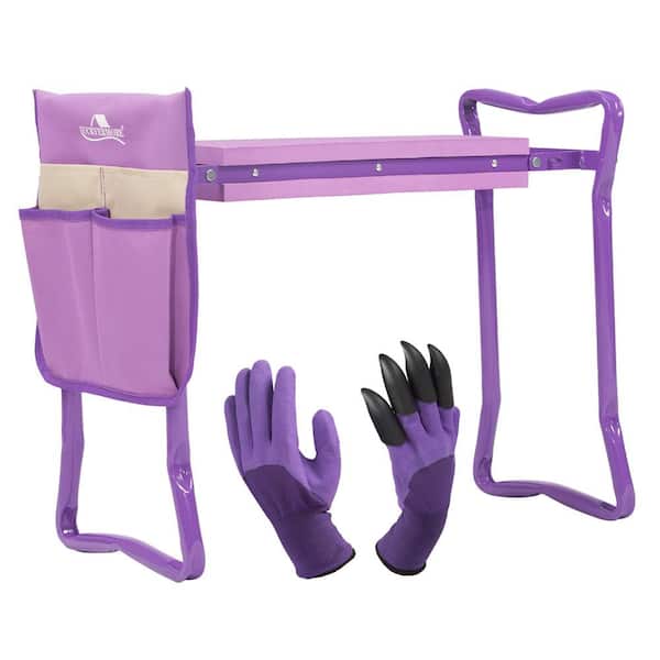 AFAIF Metal Garden Stool, Garden Kneeler and Seat Folding Kneeling Bench Stool with Tool Pouches Soft EVA Foam, Purple