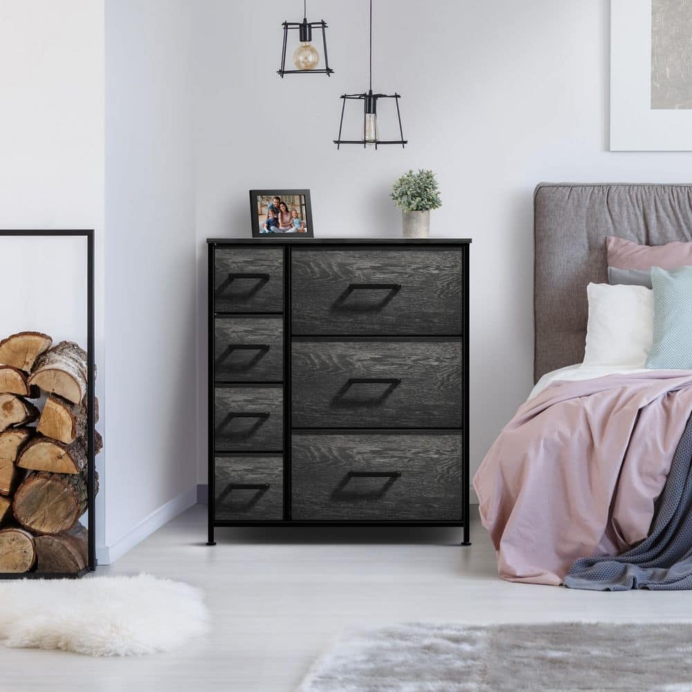 Dresser with Steel Frame, Wood Top and Easy Pull Fabric Bins, Rustic Black 