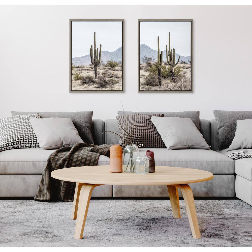 Tall Saguaro Cacti Desert Mountain Gray Framed Canvas Art Set