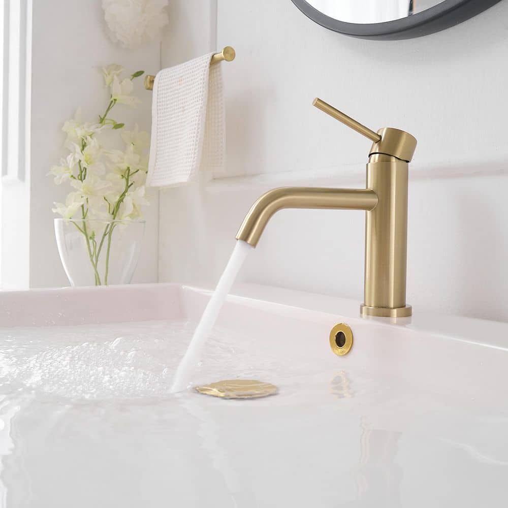 Brushed Gold Single Handle Low-Arc Bathroom Faucet with Drain