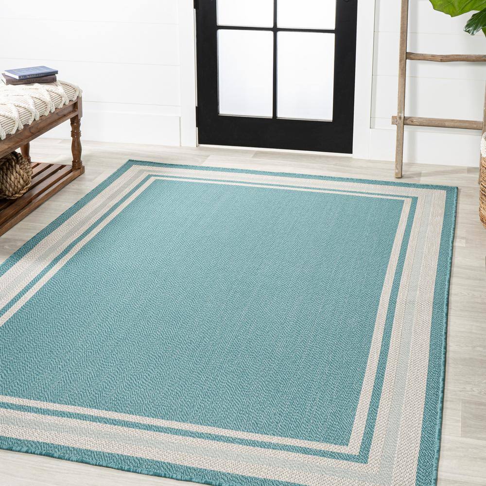 Aqua and Beige 3' x 5' Modern Stripe Synthetic Indoor/Outdoor Rug
