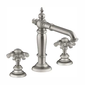Artifacts 8 in. Widespread 2-Handle Column Design Bathroom Faucet in Vibrant Brushed Nickel with Prong Handles
