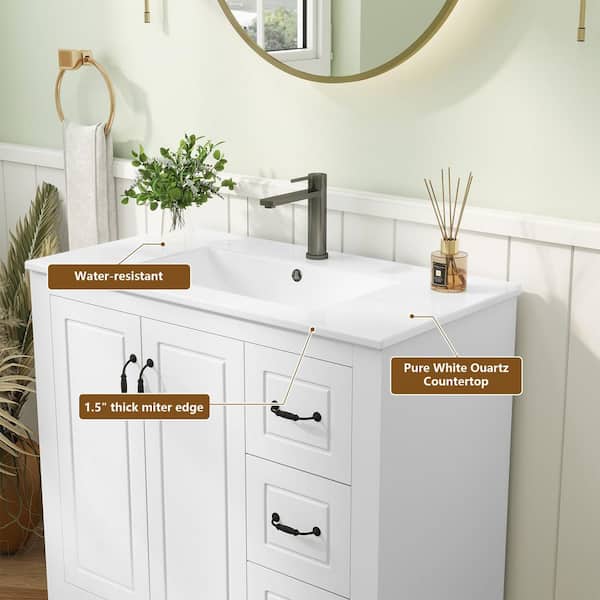 36 in. W x 18 in. D x 33 in. H Single Sink Bath Vanity in White with White Wood Top with Sink Set