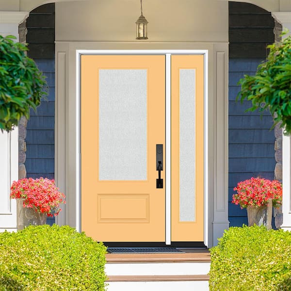 Legacy 53 in. x 80 in. 3/4 Lite Rain Glass RHOS Primed Jackfruit Finish Fiberglass Prehung Front Door with 14 in. SL