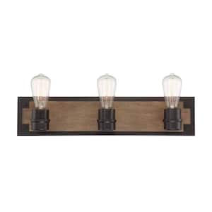 23 in. 3-Light Light Bronze Industrial Vanity with Weathered Oak Accents