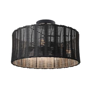 Boho 17.12 in. 3-Light Black Rattan Semi-Flush Mount Ceiling Light Hand-Woven Rattan Light Fixtures