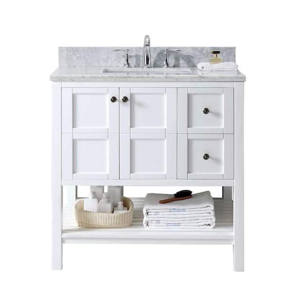 Virtu USA Winterfell 36 in. W Bath Vanity in White with Marble Vanity Top in White with Square Basin