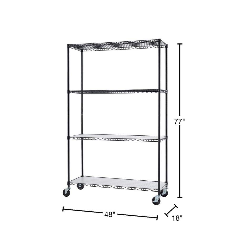 Trinity 4-Tier Black Steel Wire Shelving Unit on Wheels, 48x18x72