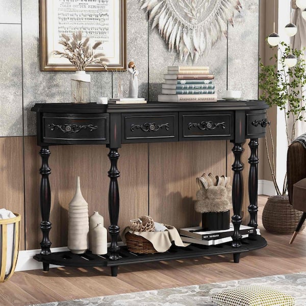 52 in. Black Curved Wood Console Table with 4-Drawers and 1-Shelf