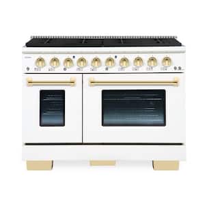 BOLD 48 in. TTL 6.7 cu. ft. 8 Burner Freestanding All Gas Range with Gas Stove and Gas Oven, White with Brass Trim