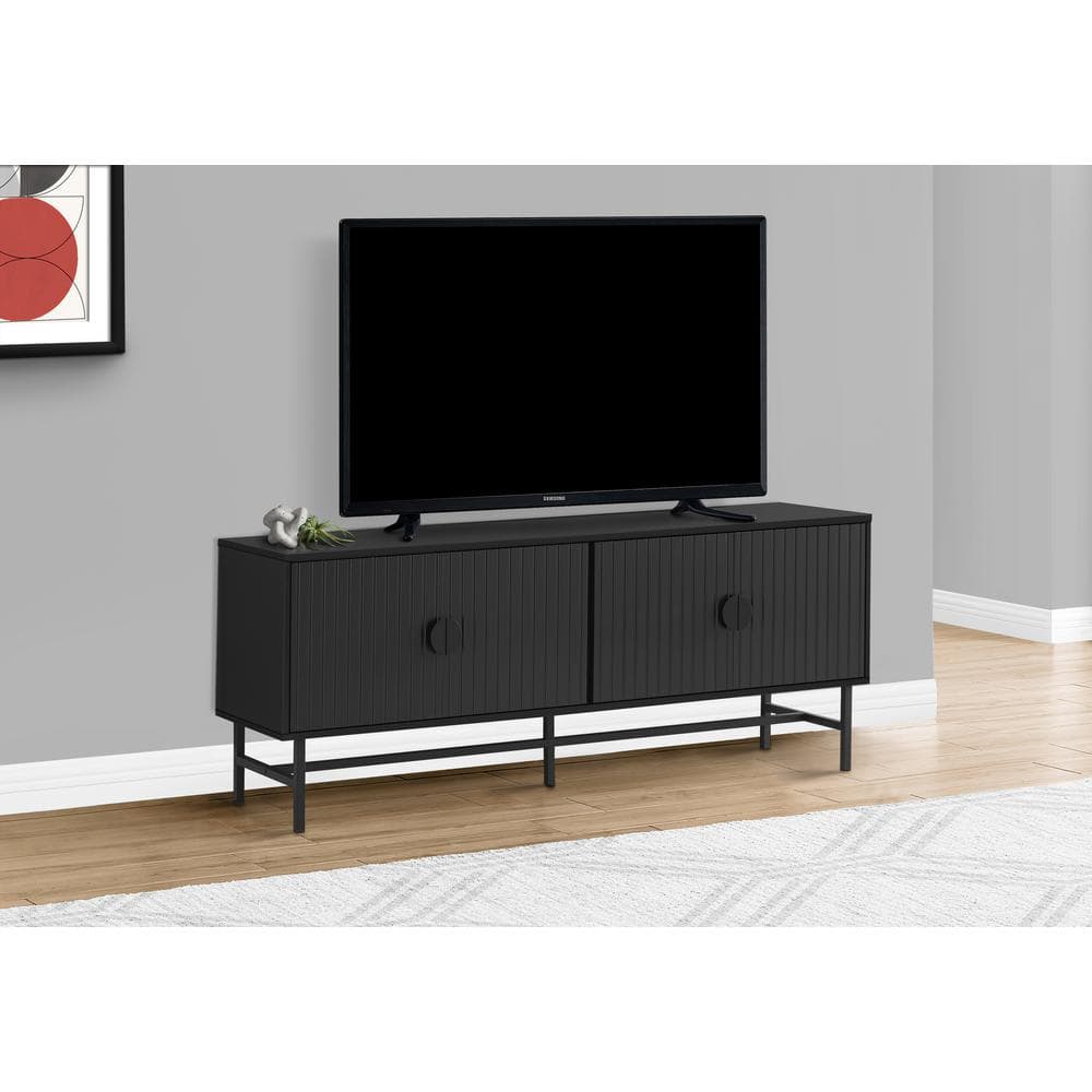 Black Tv Stand Fits TVs up to 65-75 in. With Cabinets, Shelves and Cable Ma