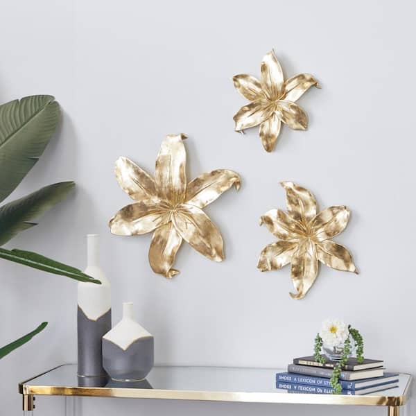 Litton Lane Polystone Gold 3D Floral Wall Decor (Set of 3)