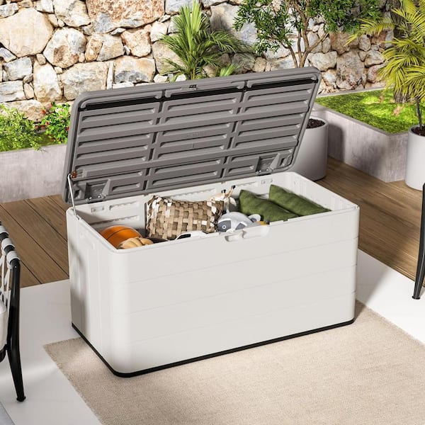 110 Gal. Large White Resin Deck Box with Lockable Lid Z0DCJQZ5RF