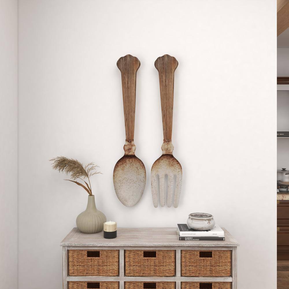 Large Brown and Silver Metal Spoon and Fork Wall Decor Set