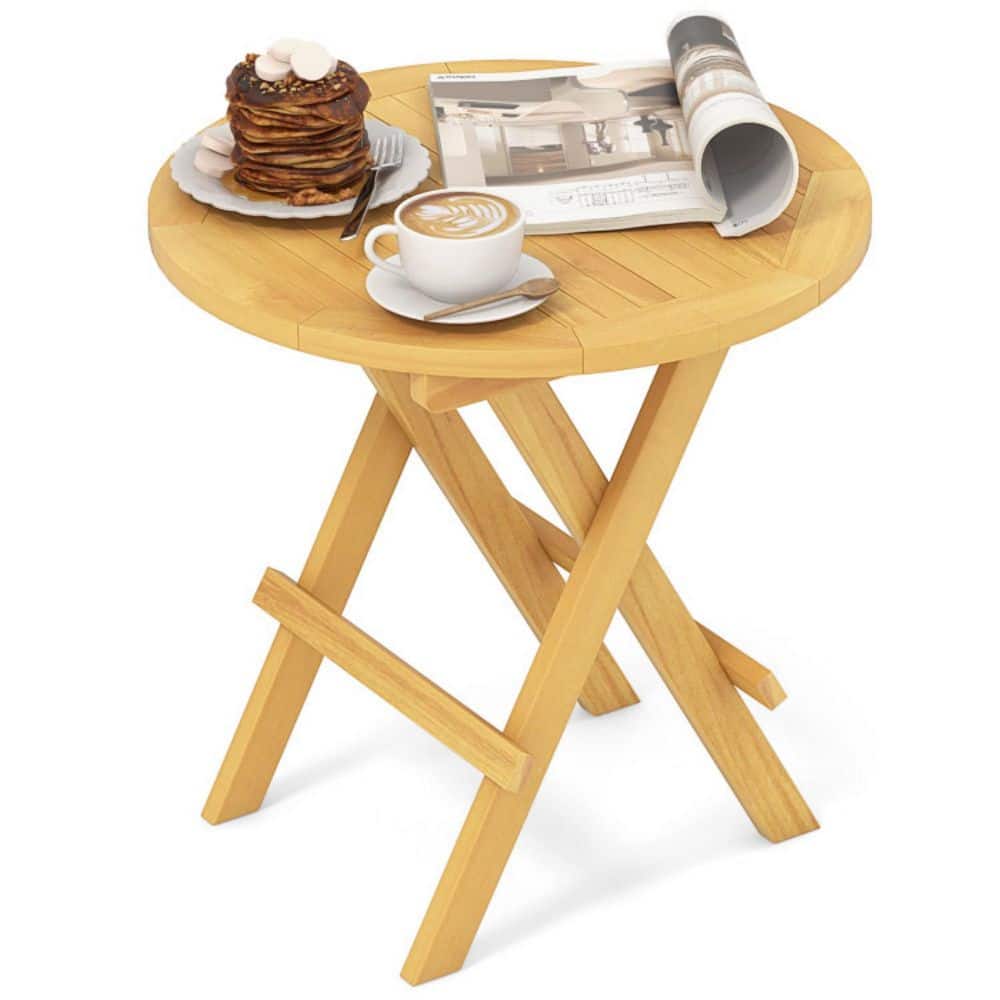 Kadehome 20 in. W Round Folding Teak Side Table Slatted Top End