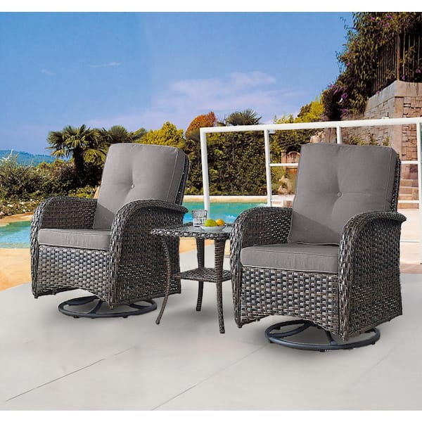 PlainCurve 3-Piece Brown Wicker Swivel Outdoor Rocking Chairs Patio Conversation Set with Olefin Gray Cushions