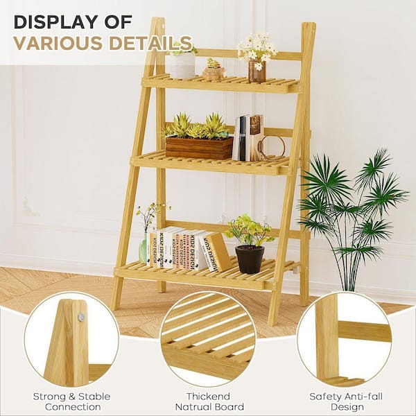 3-Tier Natural Wood Foldable Ladder Shelf Flower Pot Plant Stand