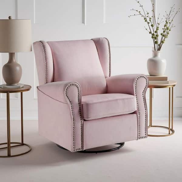 Modern Pink Wood, Fabric, and Metal Nailhead Trim Arm Chair
