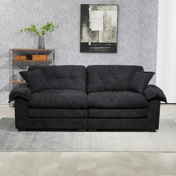 Modern 84 in. W Black Chenille 2-Seater Loveseat with 2-Pillows