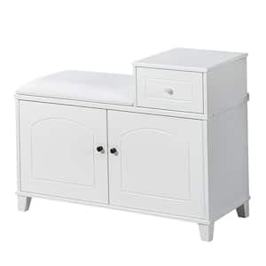 White Shoe Storage Bench Cabinet with Fireproof PU Cushion, Double Doors and Movable Drawer Wood for Door Entrance