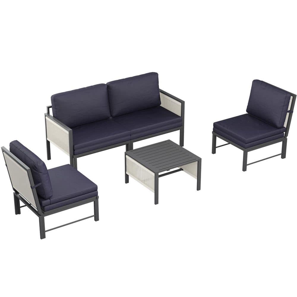 Aluminum Patio Furniture Set 4 Seats Outdoor Sectional Couch with Coffee Central Table, Dark Blue price history on PriceWatchPro