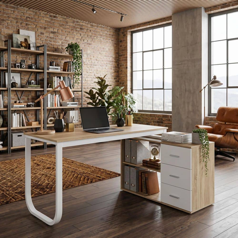 FUFU&GAGA 55.1 in. L-Shaped Beige Wood Computer Desk Writing Desk