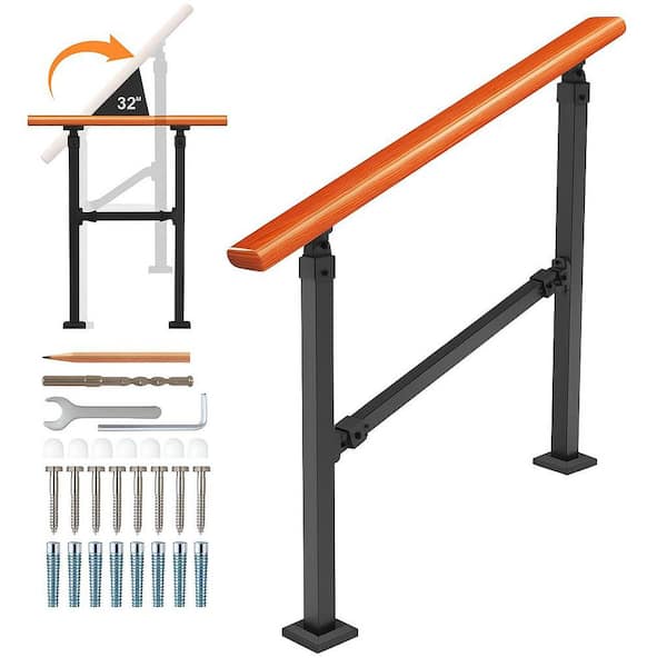 36 in. Alloy Steel Wood Grain Adjustable Handrail for 1-3 Steps, Stair Railing Kit Trellis