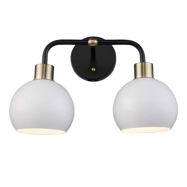 Bel Air Lighting Indigo 15 in. 2-Light Black and White Bathroom Vanity Light Fixture with Metal Shades