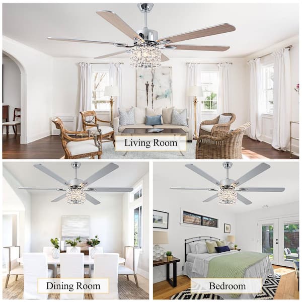 Cuenca 65 in. Daisy Crystal Chrome Modern Large Ceiling Fan with lights, Adjustable Height Ceiling Fan with Remote