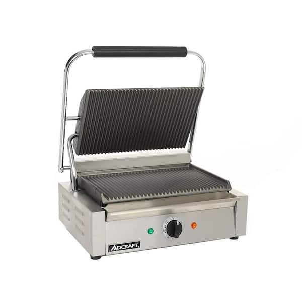 Adcraft 1750 W Stainless Steel Commercial Panini Press Grill with Grooved Plates