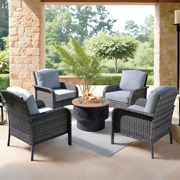 Toject Denali Gray 5-Piece Wicker Outdoor Patio Conversation Chair Set with a Wood-Burning Fire Pit and Light Gray Cushions