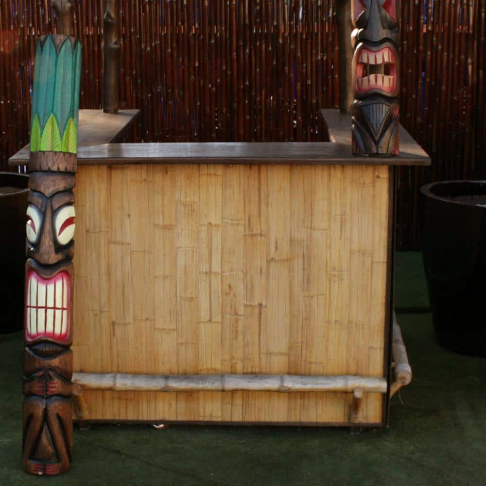 60" Brown and Green Hand-Carved Wooden Tiki Mask