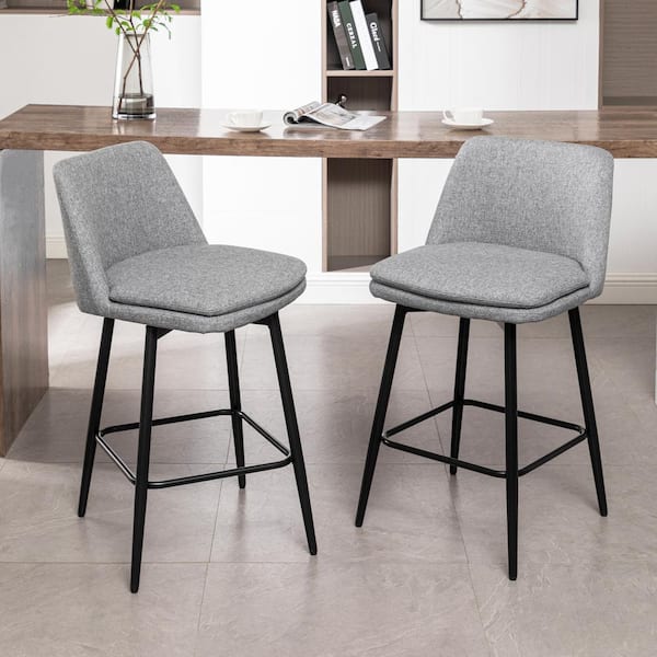 Noble House Bertis Modern 25.6 in. Seat Height Light Grey 360 ° Metal Swivel Upholstered Bar Stools, Set of 2