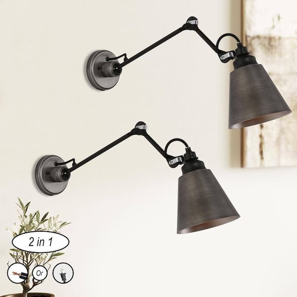 Modern Industrial Swing Arm Wall Light, 1-Light Brushed Black Wall Sconce with Metal Funnel Shade (2-Pack)